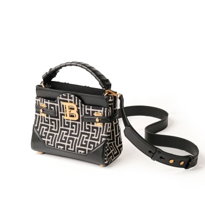 B-Buzz 22 Top Handle Bag In Leather With Jacquard Monogram Black White