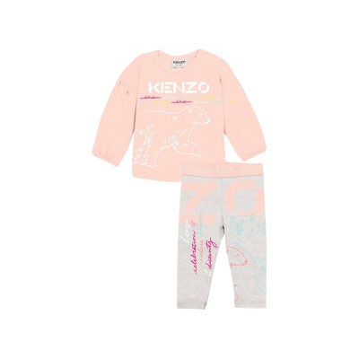 Kids 1 Set Long Tshirt And Pants Bear Light Pink Logo White