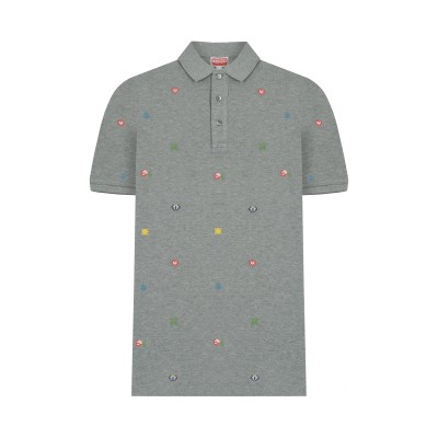 Polo Shirt Pixel Motif Embroidered All Over Pearl Grey