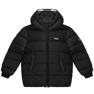 Kids Puffer Jacket Zipper Black With Logo White