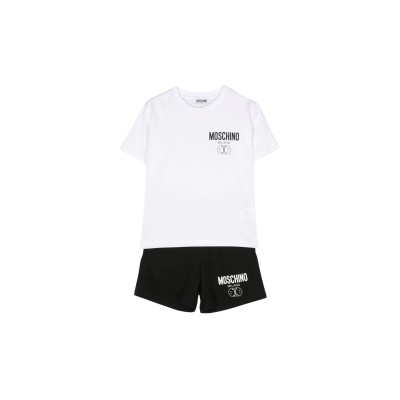 Kids Tshirt Logo Print White And Pants Black