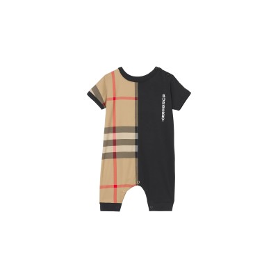 Kids Playsuit Check Pannel Cotton Black Archive Beige