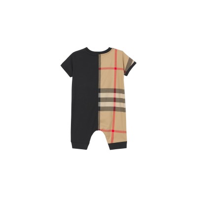 Kids Playsuit Check Pannel Cotton Black Archive Beige