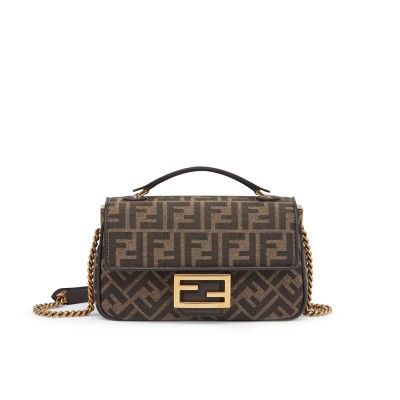 Baguette Chain Midi Brown FF Jacquard Fabric Bag