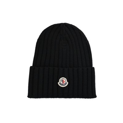 Wool Beanie Hat Logo Black