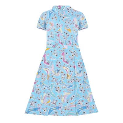 Dress Heels And Flowers Calf Length With Button Blue