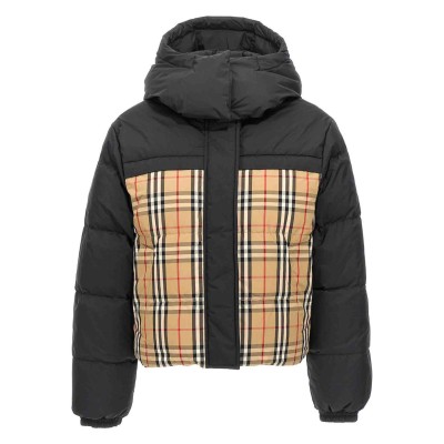 Cropped Reversible Check Puffer Jacket Black Archive Beige