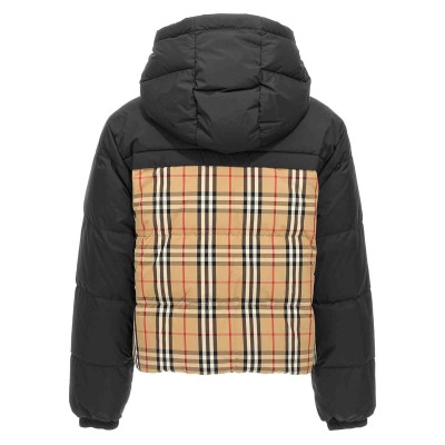 Cropped Reversible Check Puffer Jacket Black Archive Beige