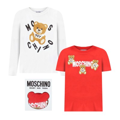 Kids 1 Set Long Tshirt White And Tshirt Red Teddy Bear Logo