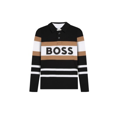 Kids Polo Longsleeve Black Stripe Beige Logo