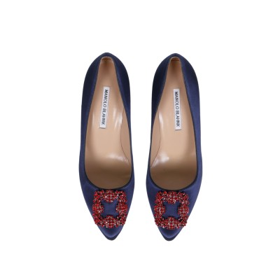Hangisi 7cm Navy Satin Jewel Buckle With Red Crystals Pumps