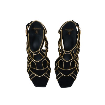 Urania Suede Strappy Sandal Heel 10cm Black Gold
