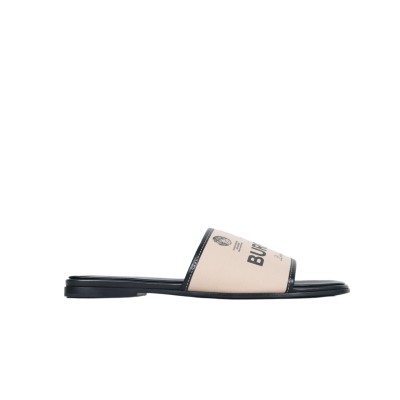 Label Print Gabardine and Leather Slides Beige