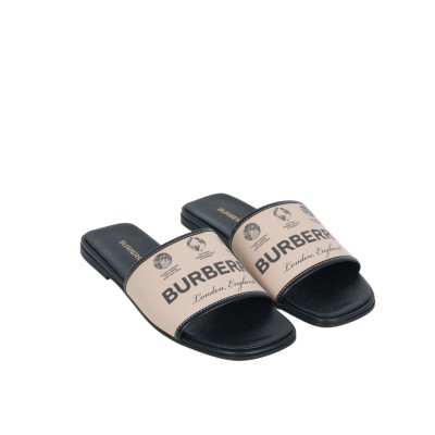 Label Print Gabardine and Leather Slides Beige