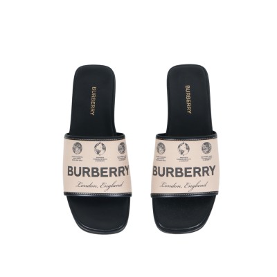 Label Print Gabardine and Leather Slides Beige