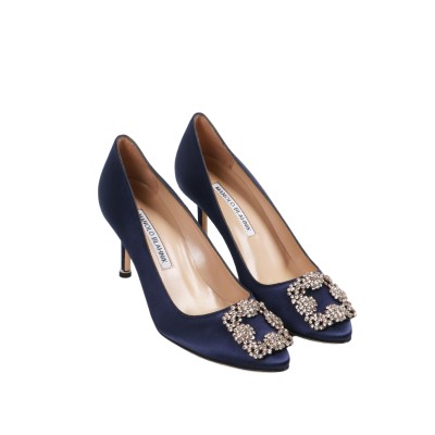 Hangisi Pumps 7cm Satin in Navy With Lsmor Crystal Buckle