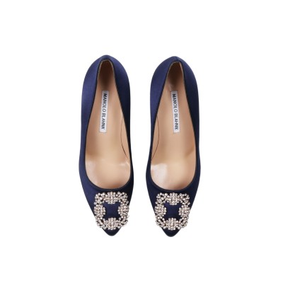 Hangisi Pumps 7cm Satin in Navy With Lsmor Crystal Buckle