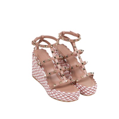 Rockstud Calfskin Wedges Sandal Rose Cannele