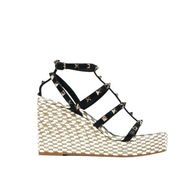 Rockstud Calfskin Wedges Sandal Platino Black