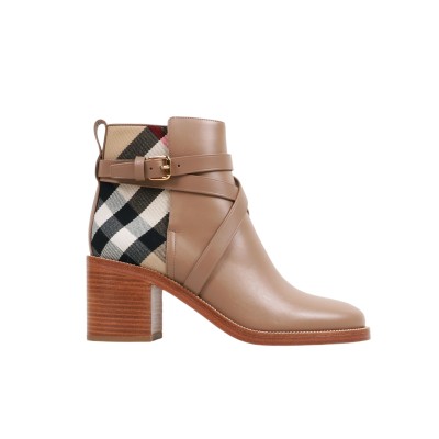 Ankle Boots House Check And Leather Heels 7cm in Wheat