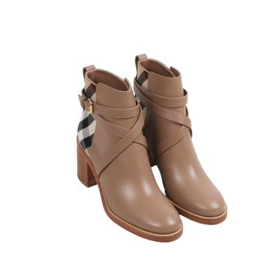 Ankle Boots House Check And Leather Heels 7cm in Wheat