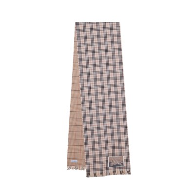 Reversible Logo Patch Checked Fringed Edge Scarf Beige
