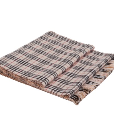 Reversible Logo Patch Checked Fringed Edge Scarf Beige