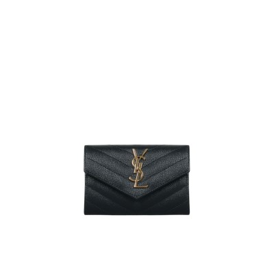 Small Envelope Cassandre Wallet in Black Grained Leather ghw