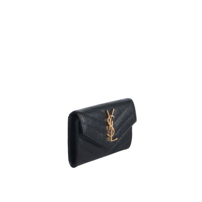 Small Envelope Cassandre Wallet in Black Grained Leather ghw
