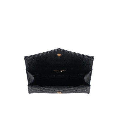 Small Envelope Cassandre Wallet in Black Grained Leather ghw